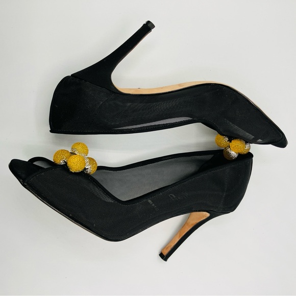 Something Bleu Black Mesh Gold Yellow Ball Pump Heels Peep Toe Italy Size 7 - Picture 15 of 16